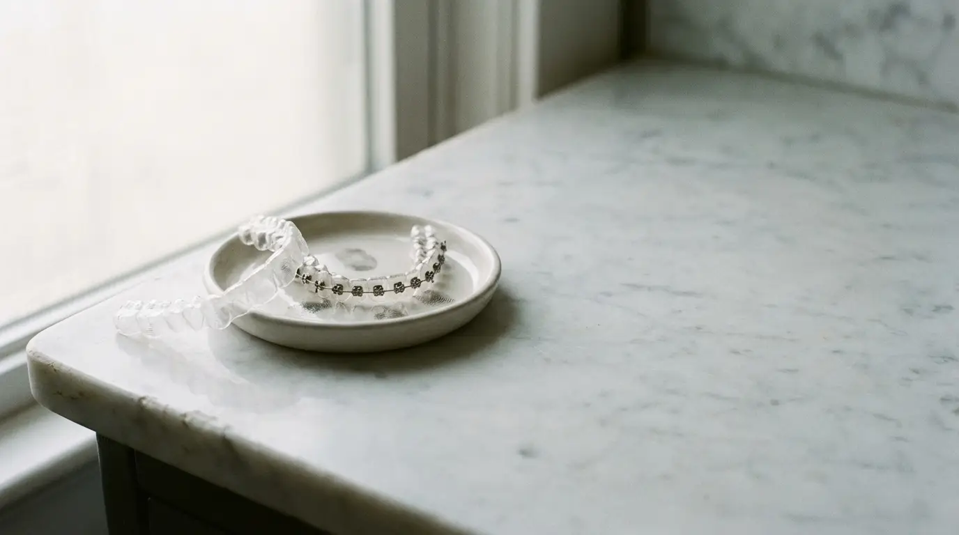 Clear dental aligners on a white ceramic dish on marble countertop