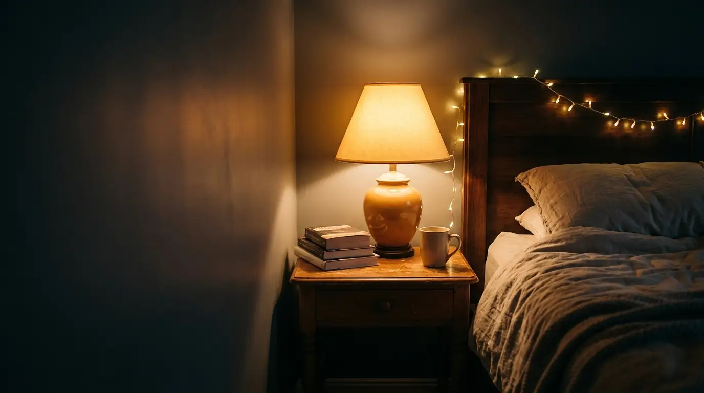 Cozy bedroom with wooden nightstand, warm-lit lamp, books, and string lights on headboard