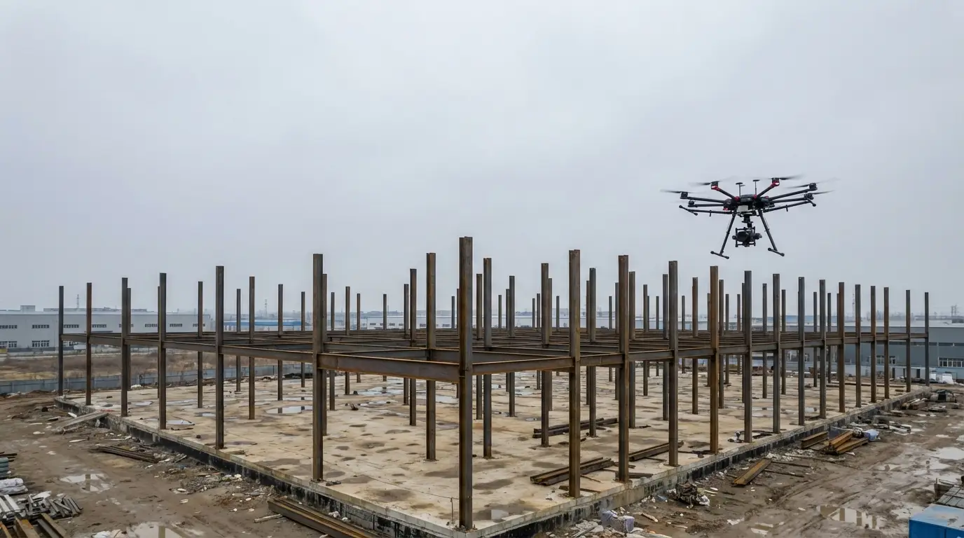 Drone flying over steel framework of unfinished industrial building on cloudy day