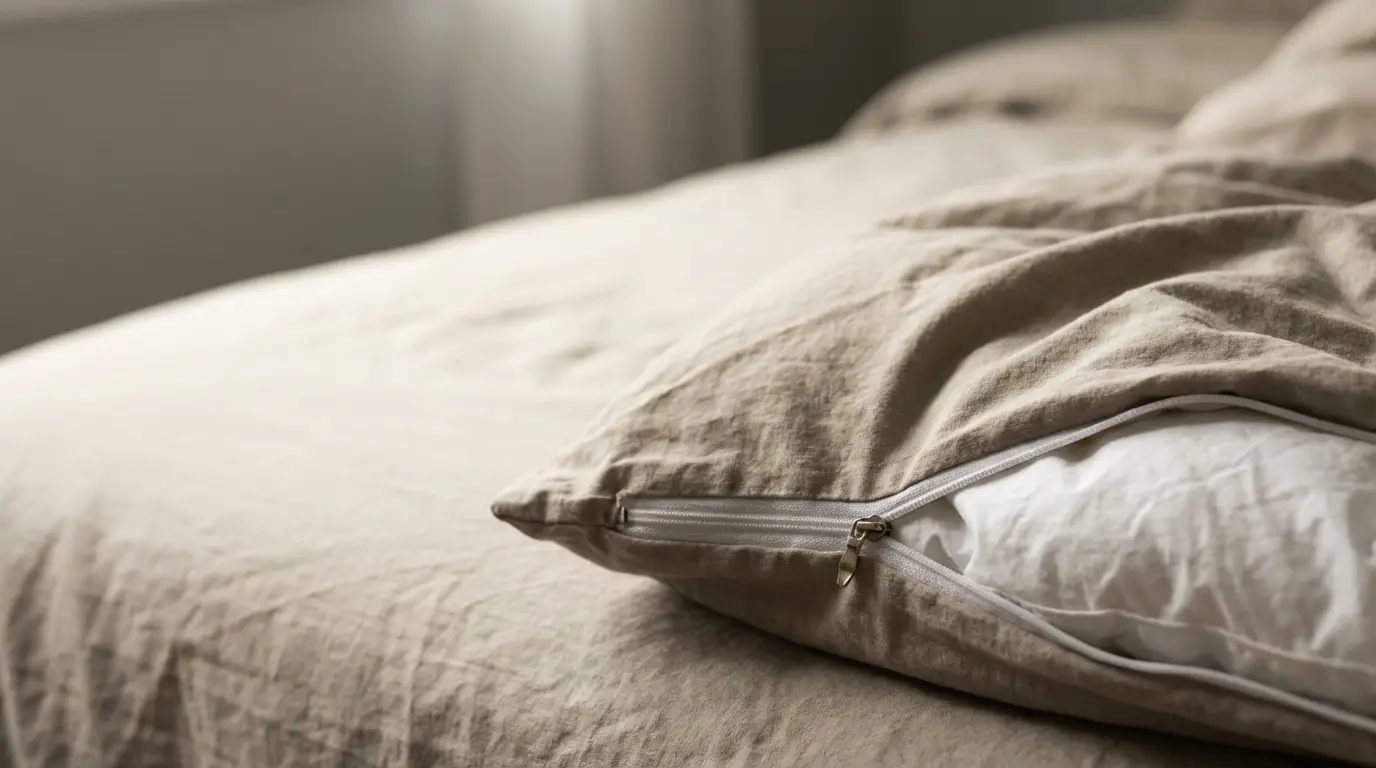 Close-up of beige pillow with open zipper on linen-covered bed in soft natural light