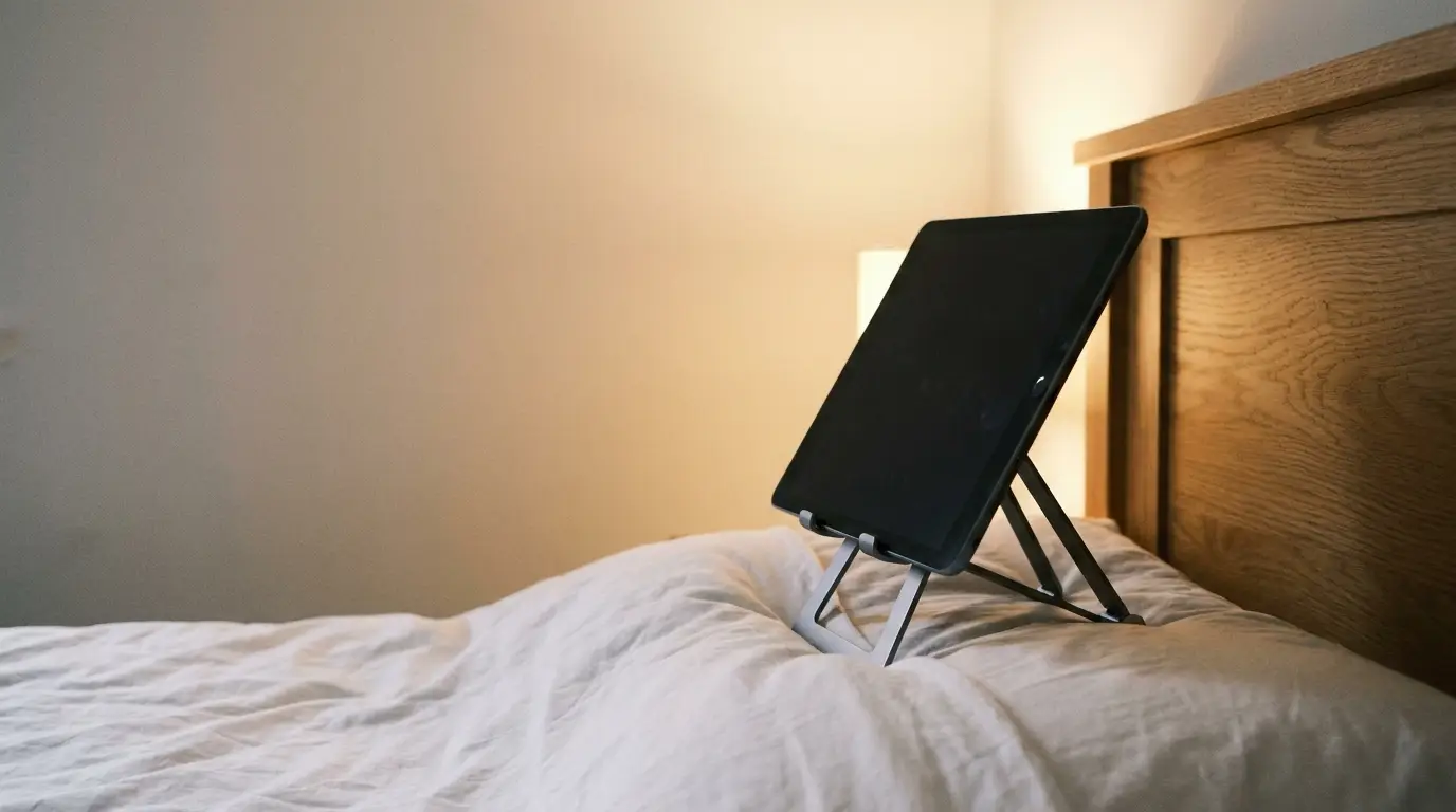 Tablet on stand propped on bed in warmly lit bedroom with wooden headboard