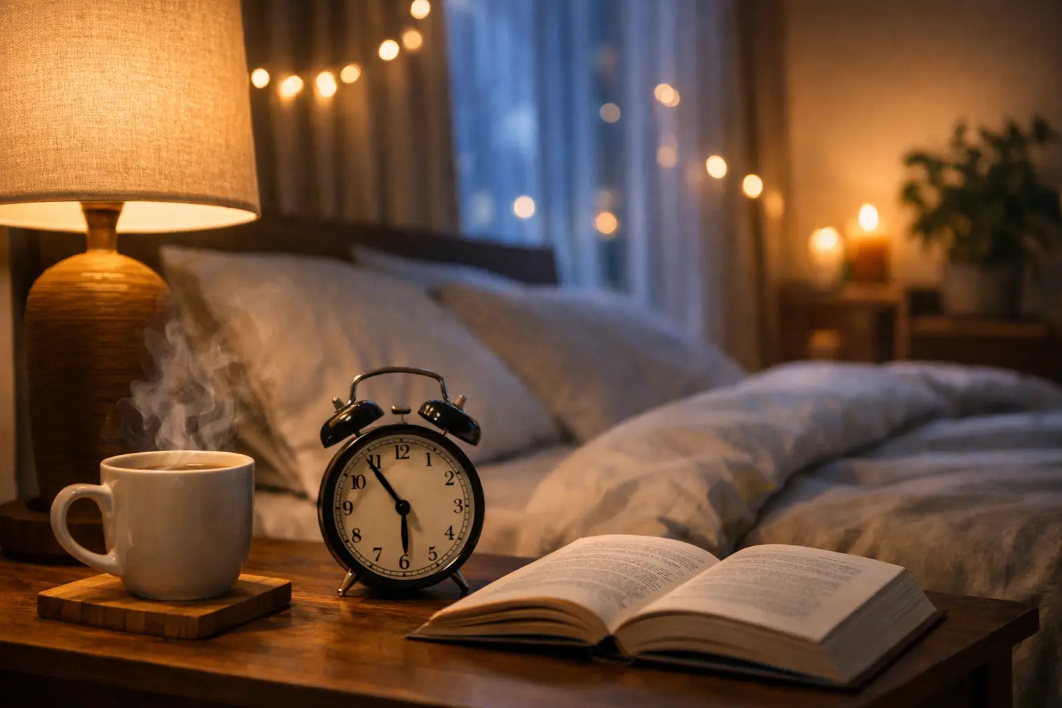 Steaming coffee, vintage alarm clock, and open book on bedside table in cozy bedroom setting