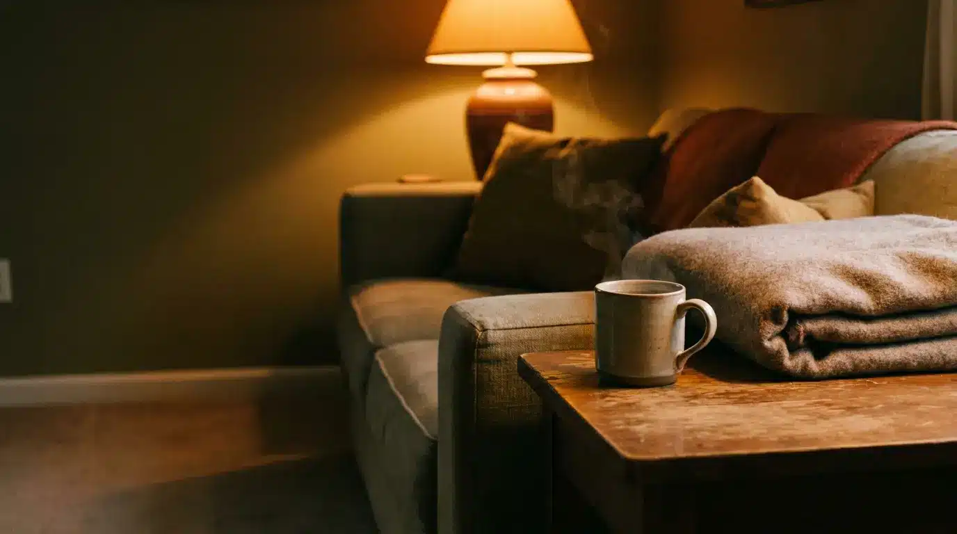 Cozy living room with steaming mug on wooden table, gray couch, and warm lamp light