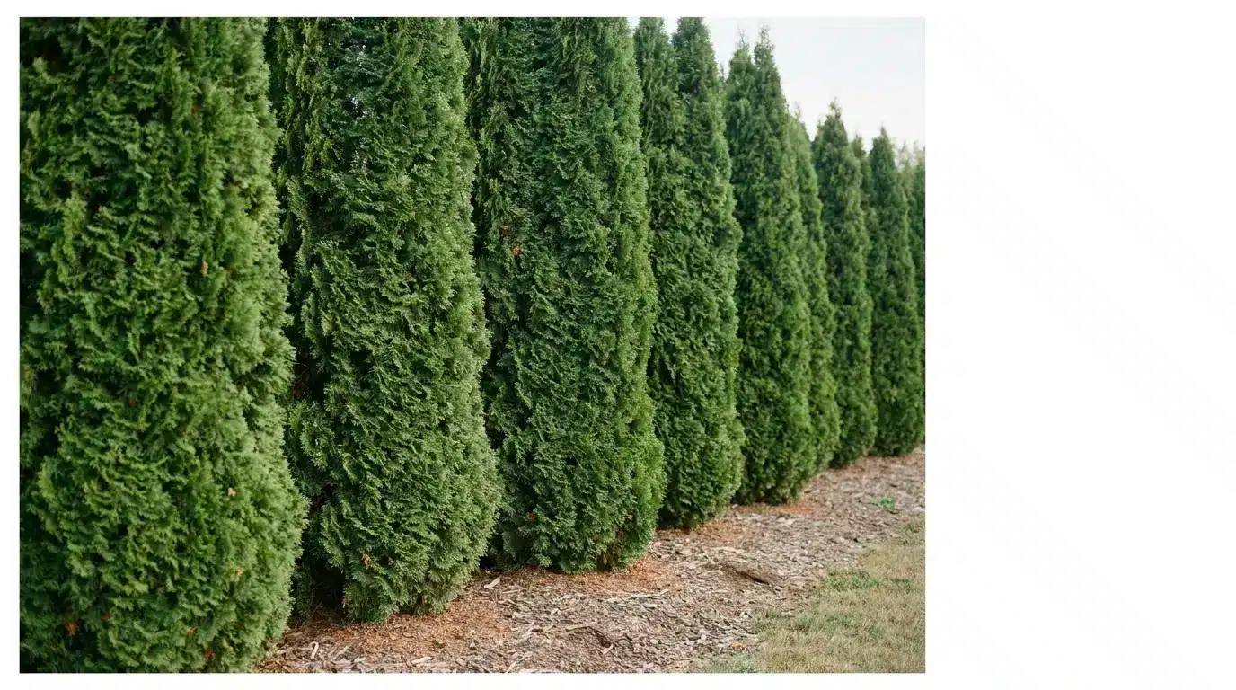 Row of tall evergreen trees on mulch-covered ground in an outdoor garden setting