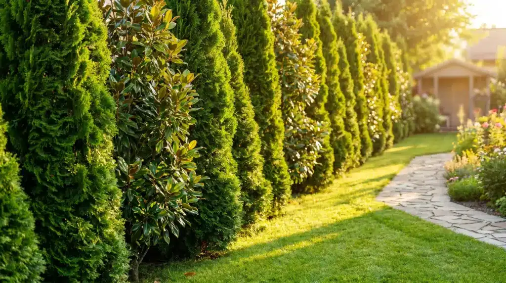 Line of evergreen trees alongside stone path in sunlit garden setting