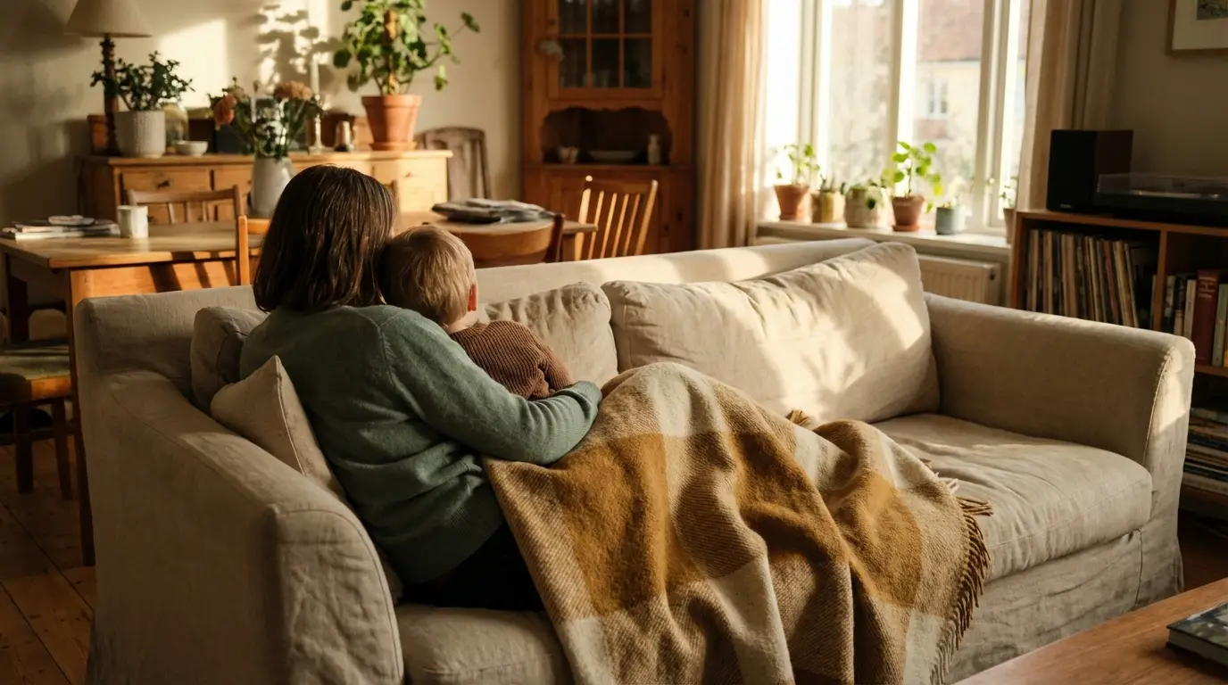 Cozy living room with woman and child on beige couch under blanket, warm sunlight streaming in