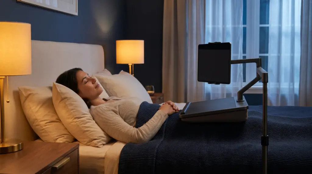 Woman resting in bed with tablet holder in cozy dimly lit bedroom