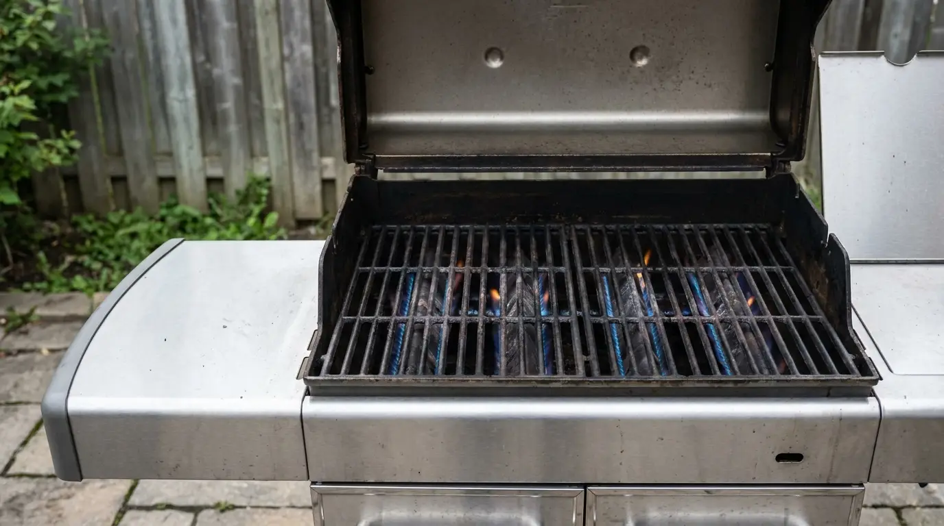 Open stainless steel gas grill with flames lit on outdoor patio