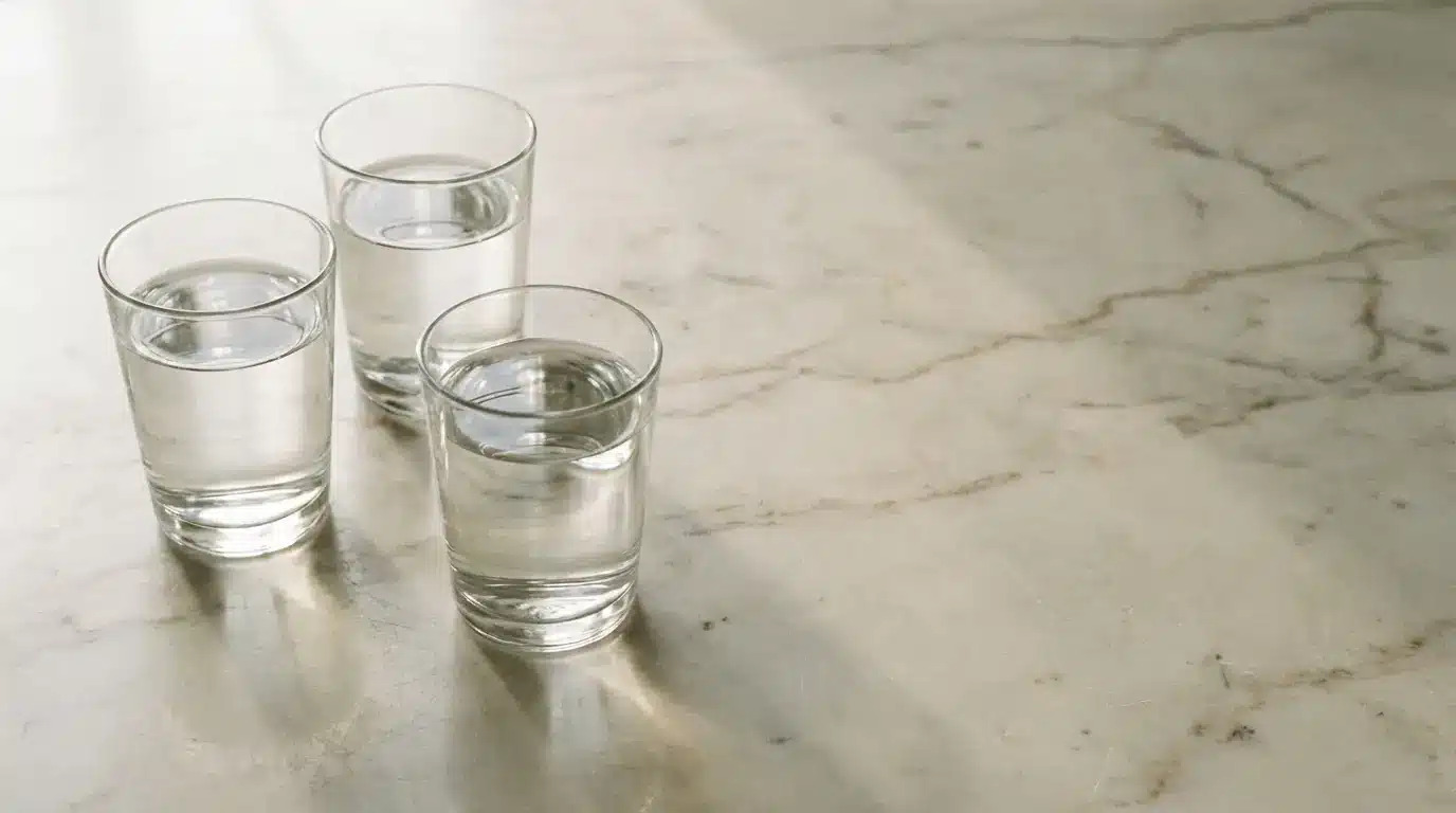 Three glasses of clear water on marble countertop with soft natural lighting