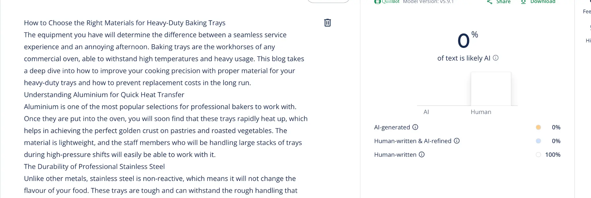Text analysis interface with highlighted section indicating zero percent AI-generated content