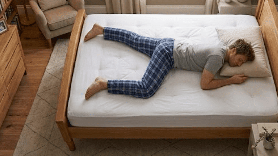 high angle shot of a man in a t-shirt and plaid pajama pants sleeping on his stomach with bent knees, in runner pose
