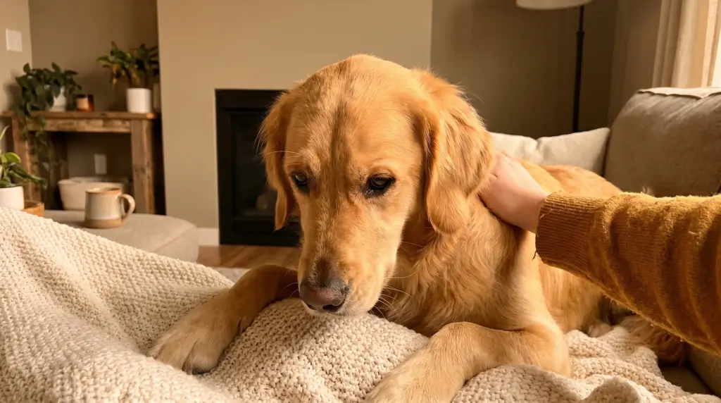 Golden retriever resting on beige blanket in cozy living room with hand petting its back