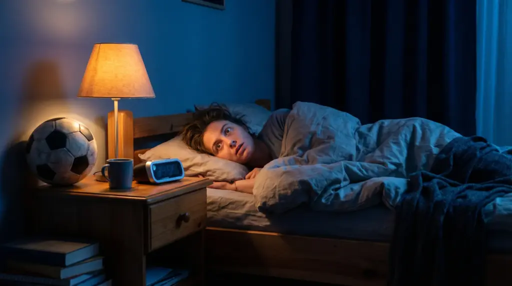 Person lying awake in bed under dim lamp light with digital alarm clock on nightstand