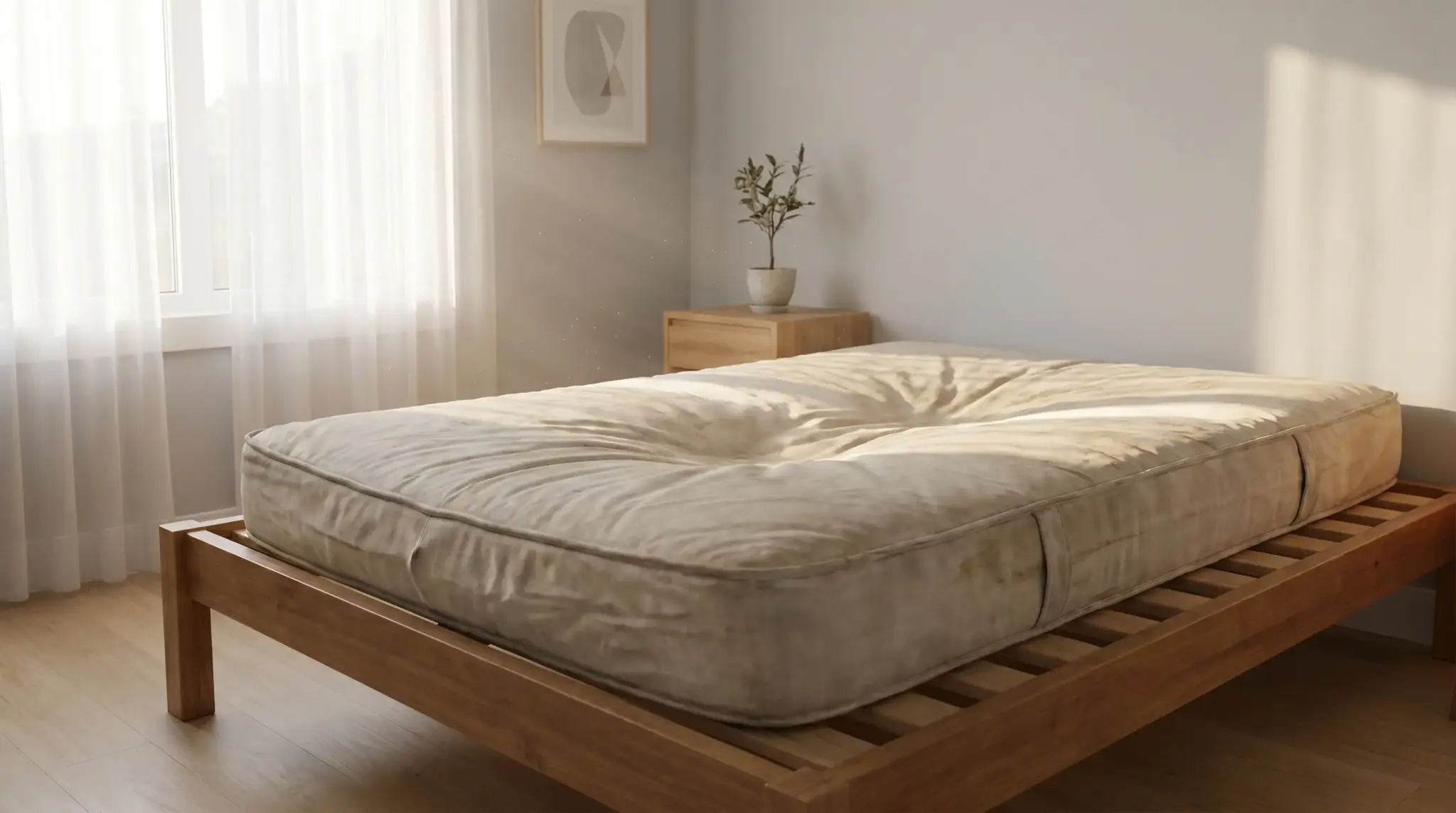 Minimalist bedroom with wooden bed frame, potted plant on nightstand, bright natural light