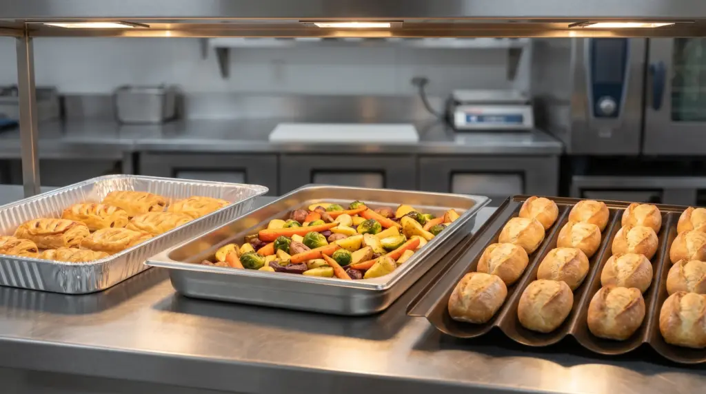 Assorted baked goods and roasted vegetables on metal trays in commercial kitchen setting