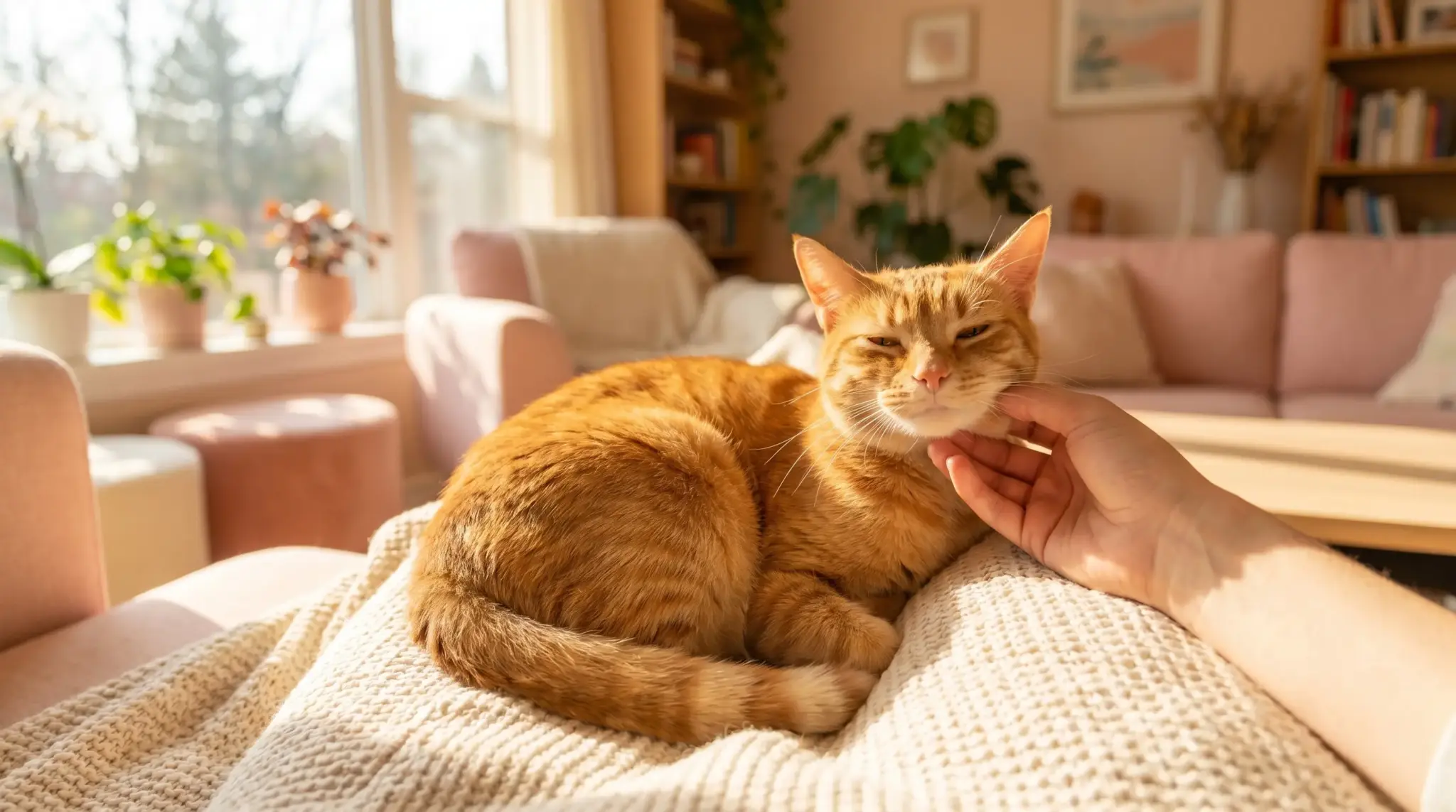 Ginger cat lounging on a blanket in sunlit living room with pink furniture