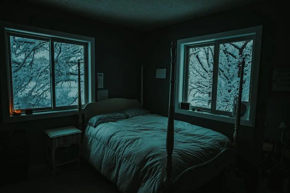 Cozy bedroom with wooden bed frame and snow-covered trees visible through windows