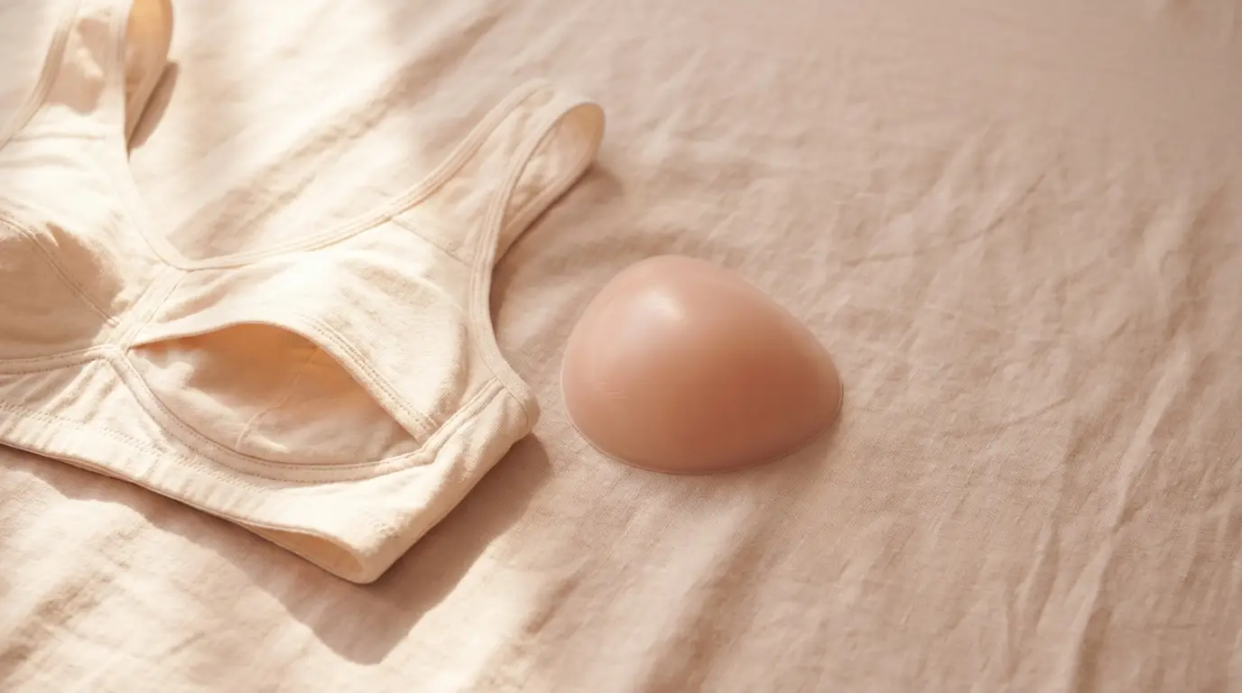 Beige bra and silicone prosthetic on soft linen surface in warm natural light