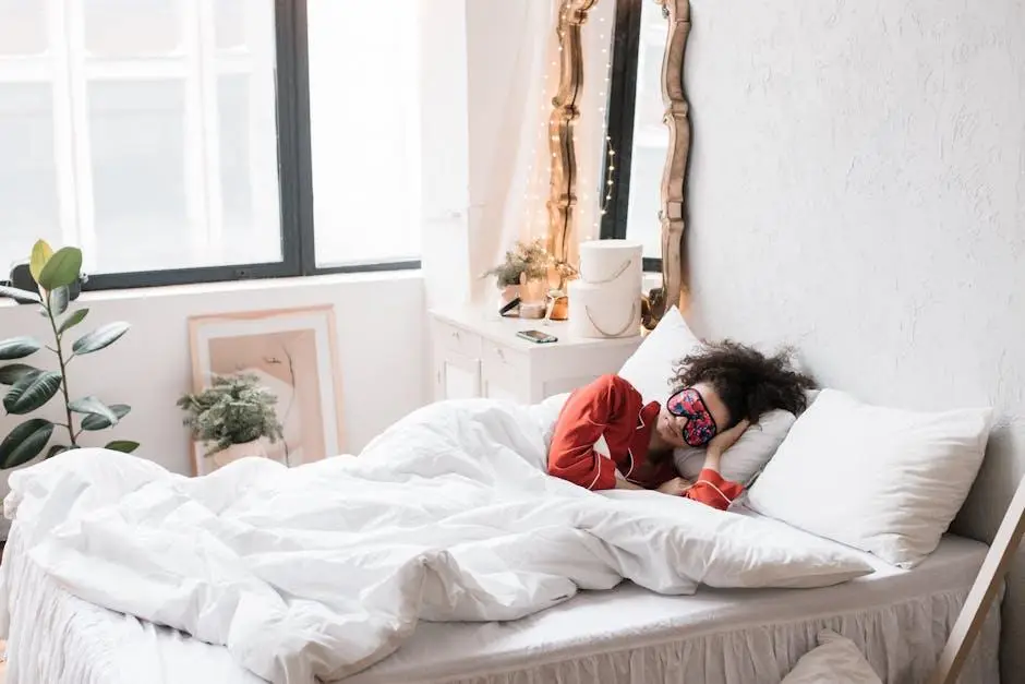 Person wearing sleep mask in cozy bedroom with large window and potted plant