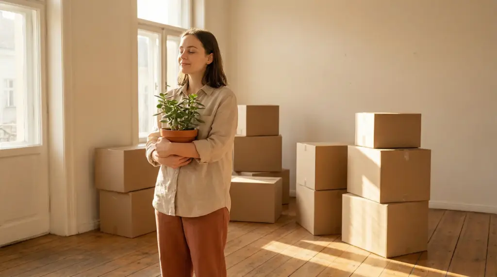 Woman holding potted plant in sunlit room with stacked cardboard boxes