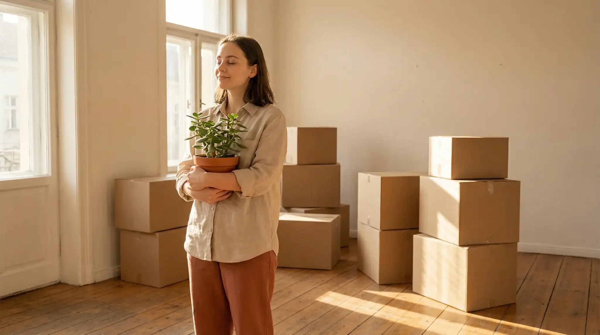 Woman holding potted plant in sunlit room with stacked cardboard boxes