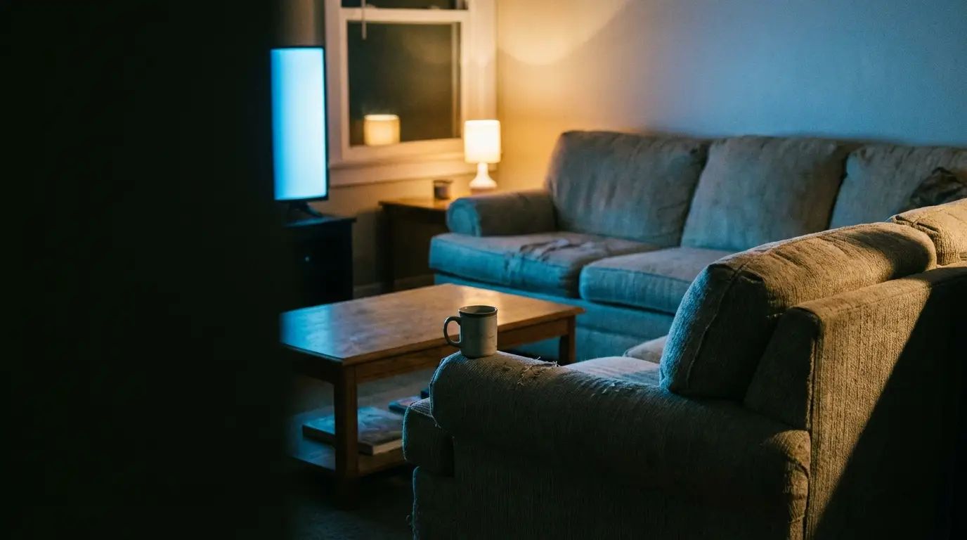 Cozy living room with beige sofa, wooden table, and warm lamp lighting
