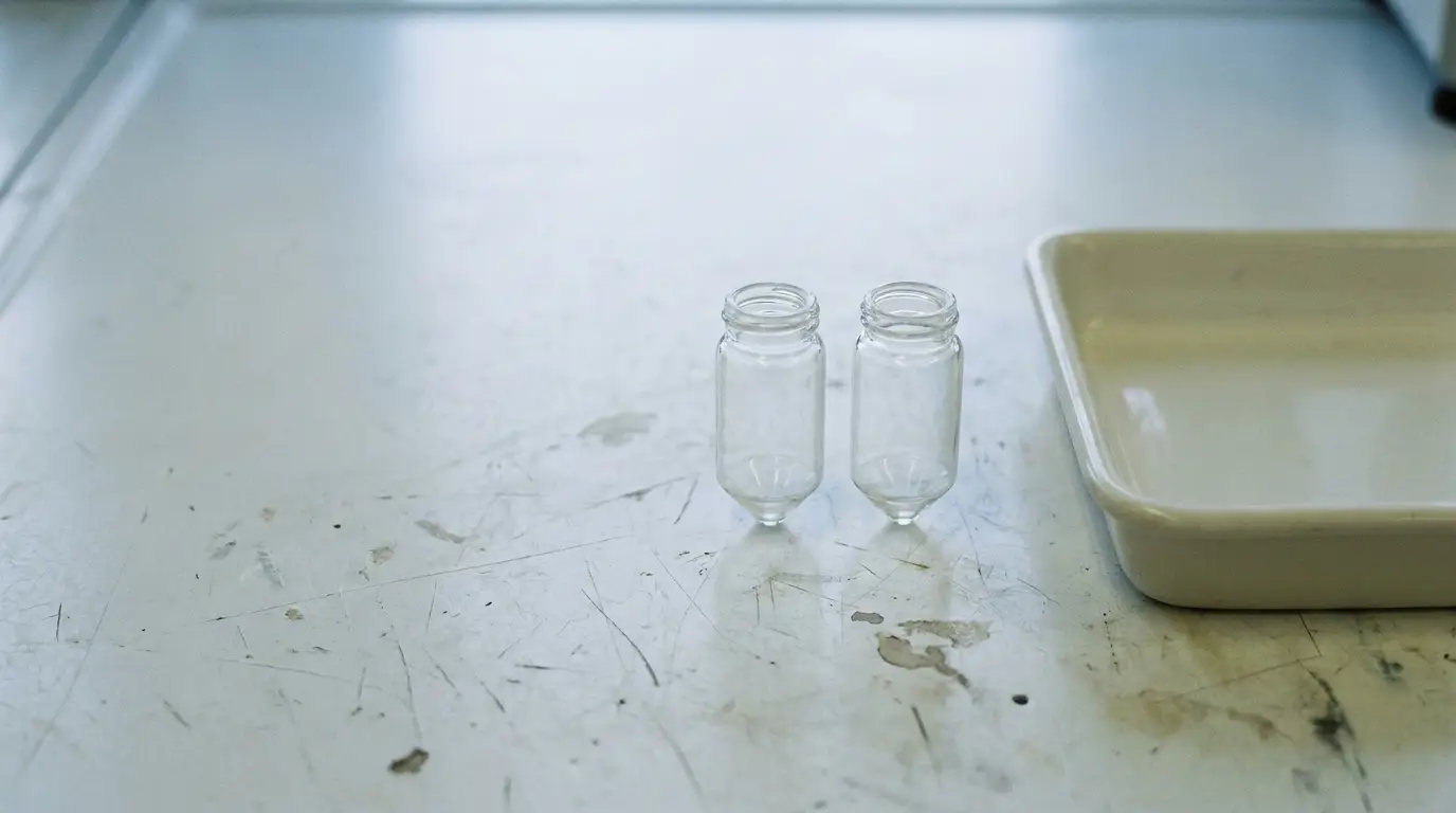 Two empty glass vials on scratched laboratory surface near white tray