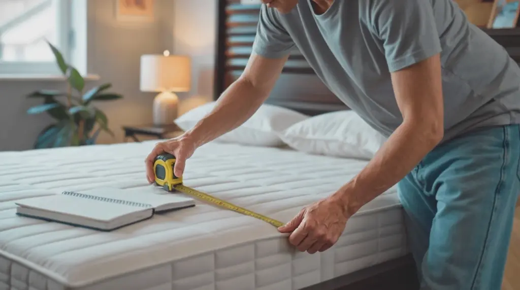 person measuring mattress with tape measure on bed, checking size for bedroom setup or replacement purchase decision