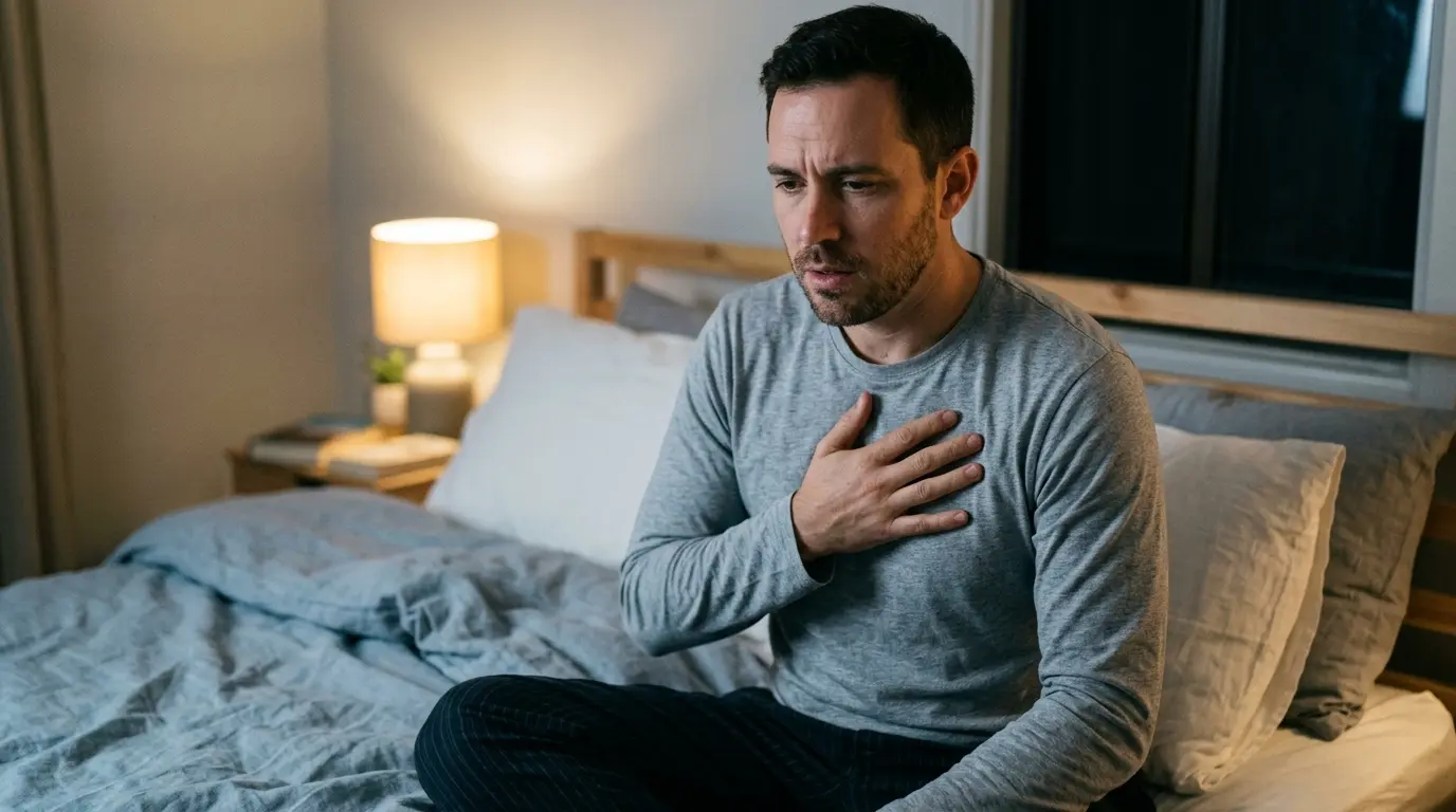 Person sitting upright in bed at night holding chest and breathing with concern but not panic