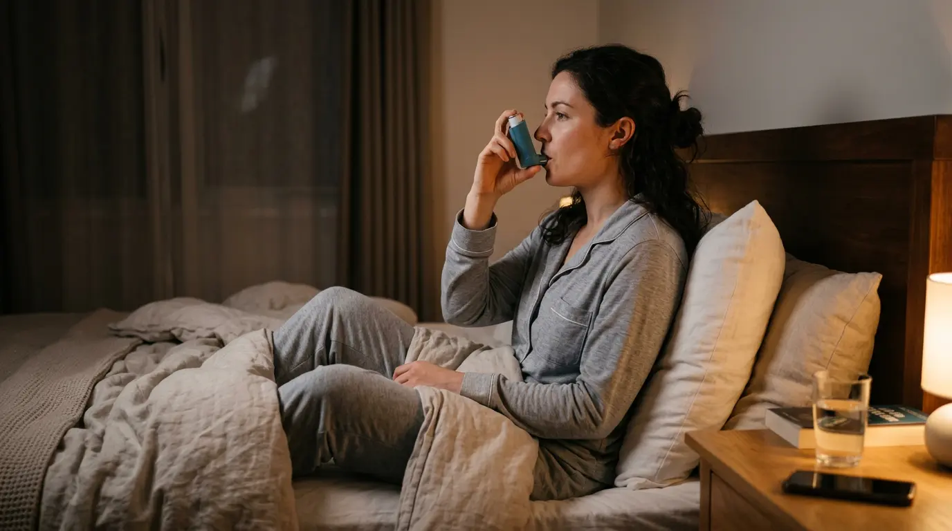 Person sitting upright on bed at night using an inhaler calmly