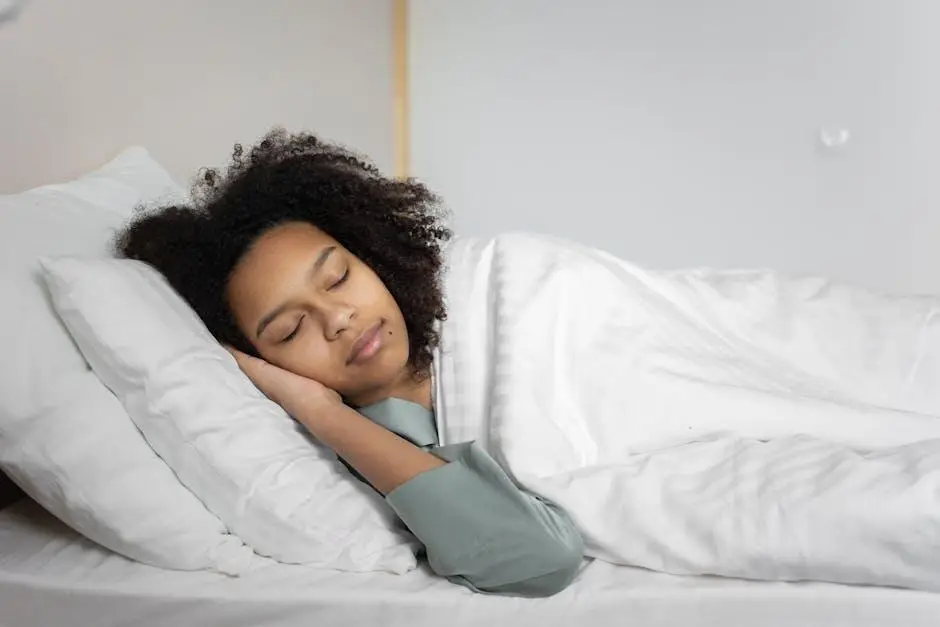 Person sleeping peacefully in bed with white linens in a bright room