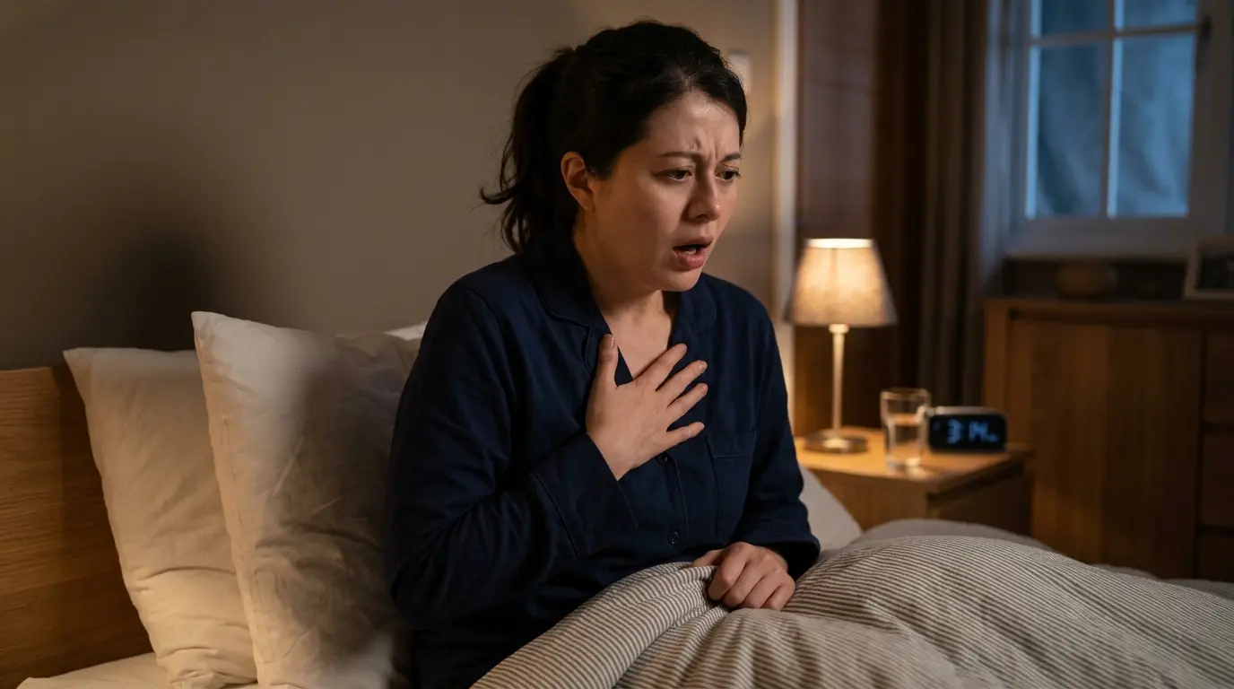 person waking up in bed at night struggling to breathe, sitting upright and holding chest