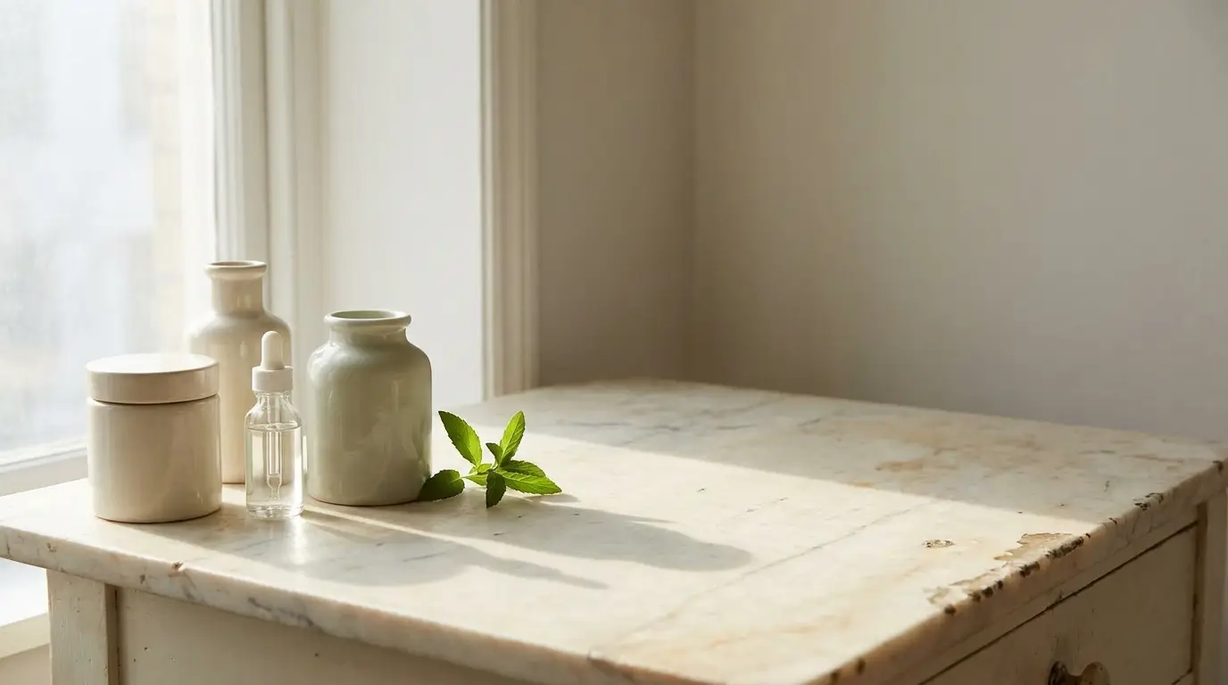 Ceramic jars and glass dropper bottle on a sunlit marble table with a mint sprig