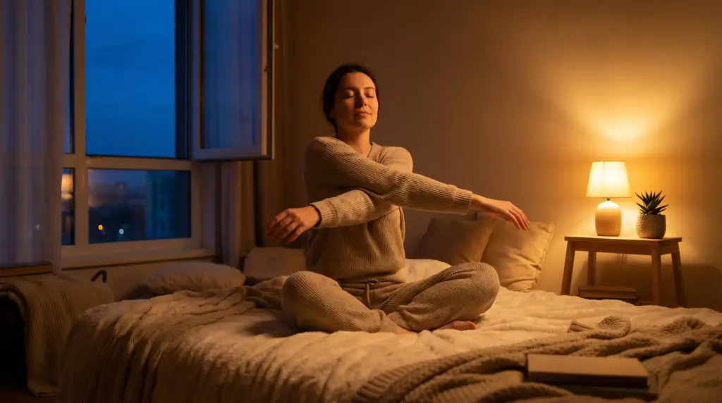 Woman sitting cross-legged on bed practicing meditation in softly lit bedroom