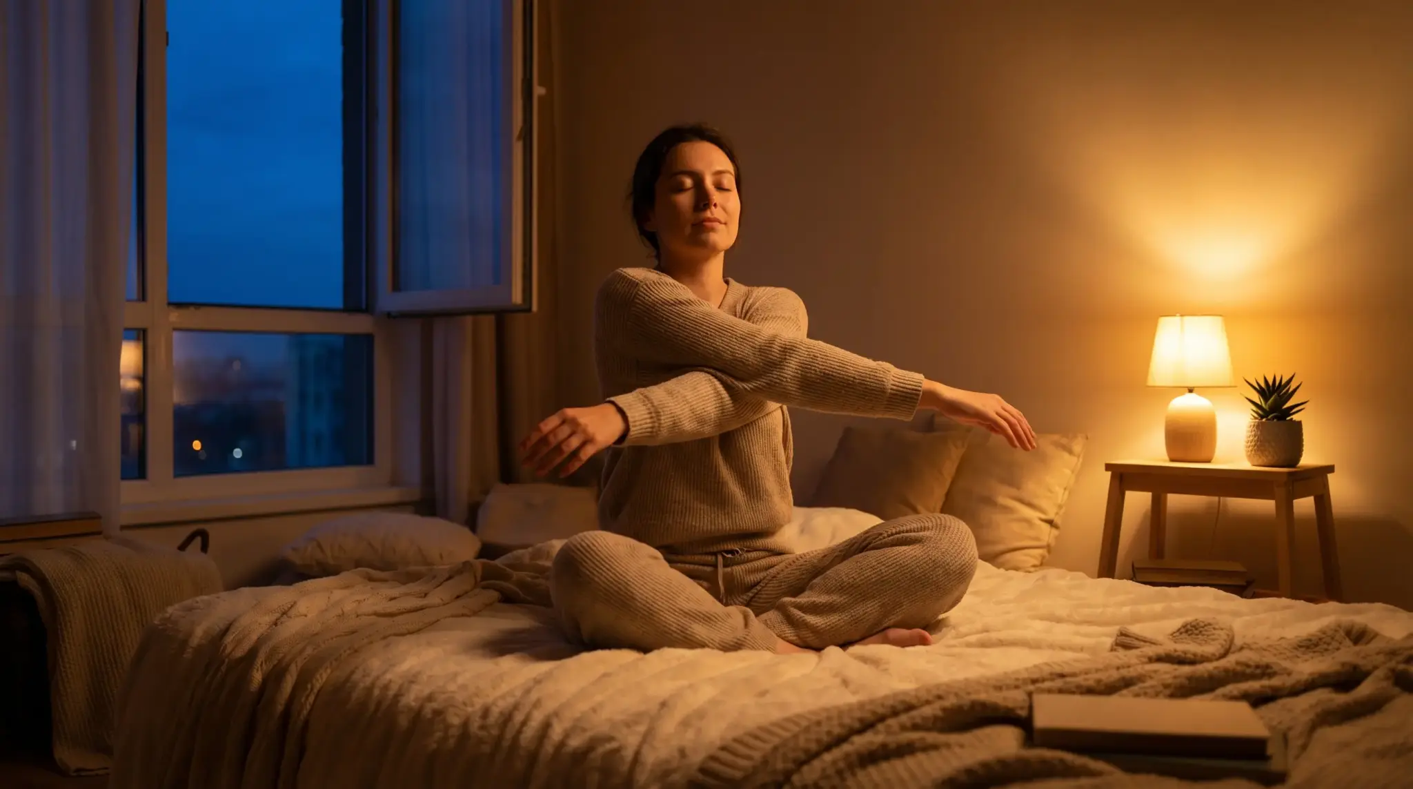 Woman sitting cross-legged on bed practicing meditation in softly lit bedroom