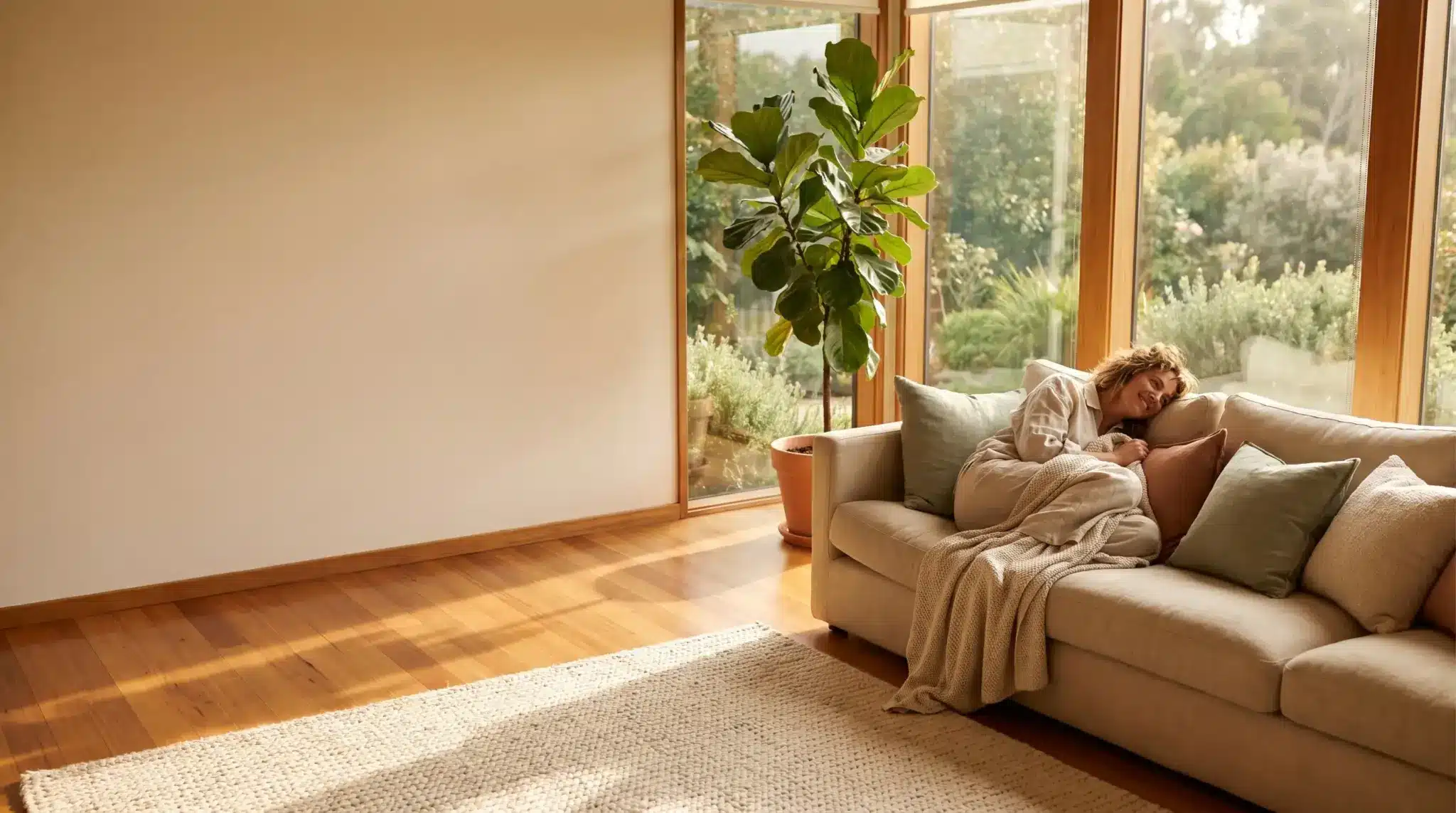 Woman lounging on beige sofa with colorful pillows in a sunlit living room
