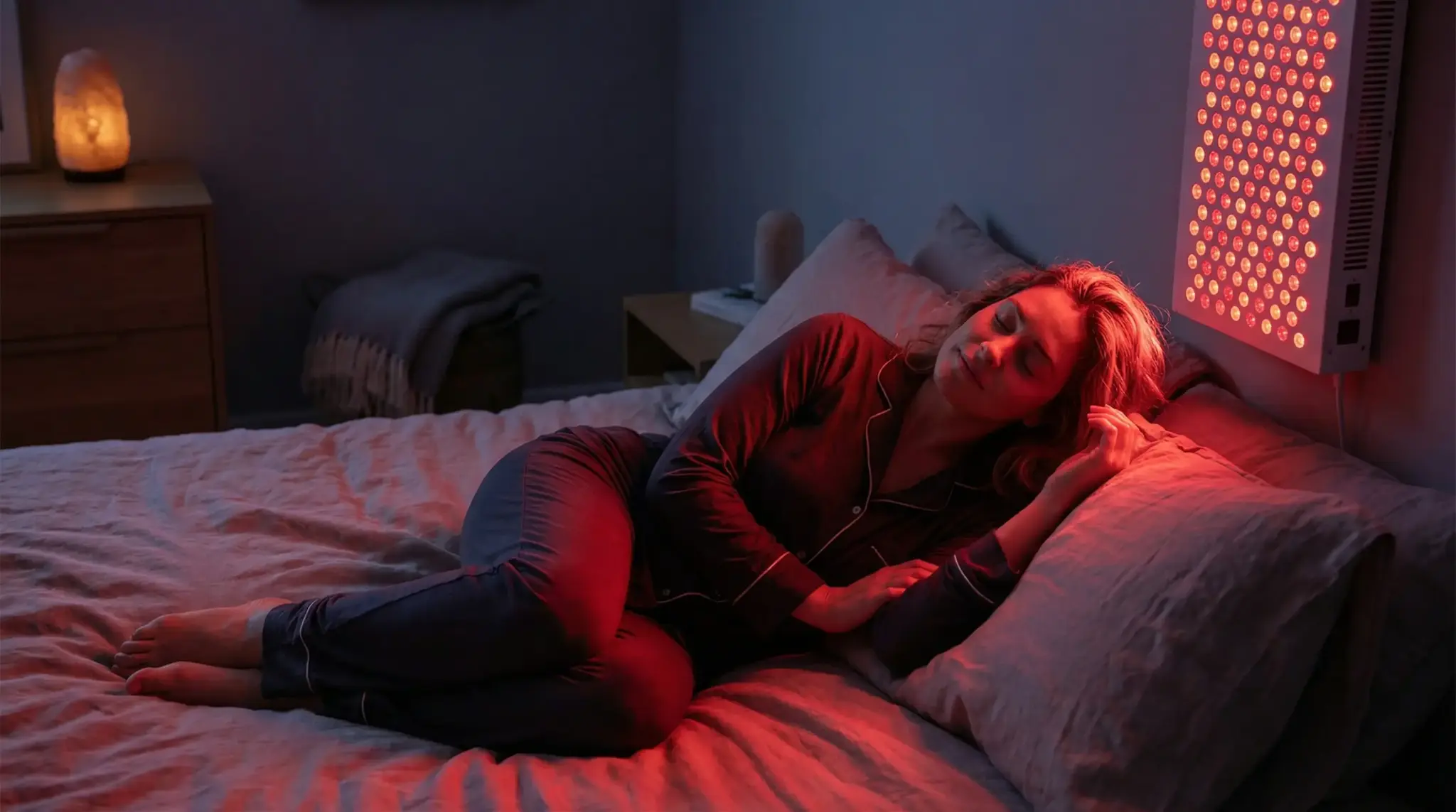 Person in pajamas lying on bed under red LED therapy light in dimly lit bedroom