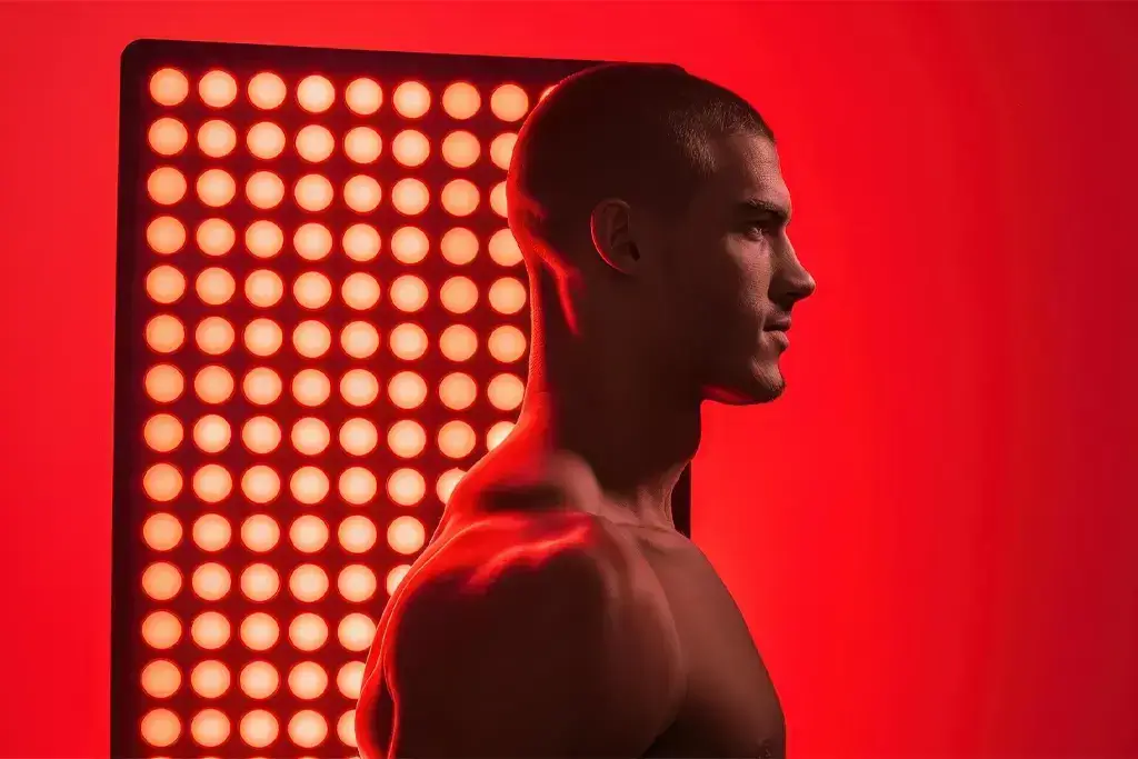 Shirtless man standing beside bright red light therapy panel in a studio setting