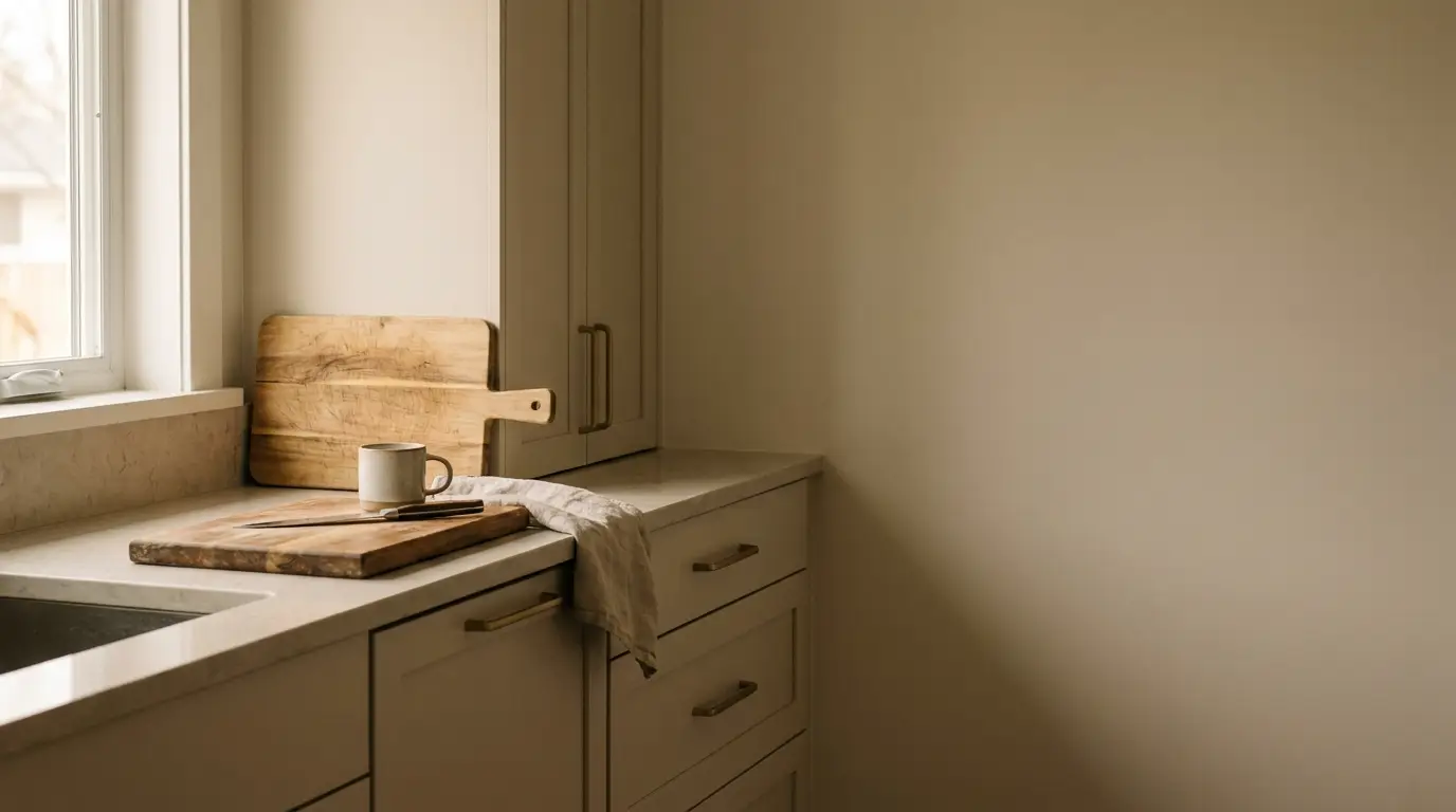 Wooden cutting boards and ceramic mug on marble countertop in minimalist kitchen with soft lighting