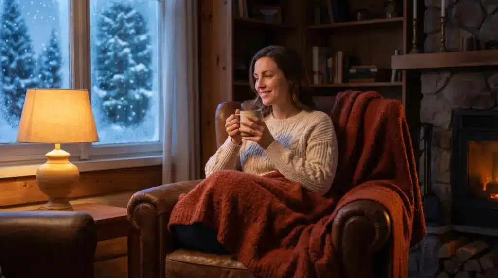 Woman in cozy sweater sipping tea by fireplace in warmly lit living room