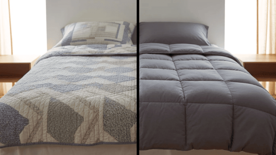 side by side quilt and comforter on bed showing thickness texture and design differences in a modern bedroom