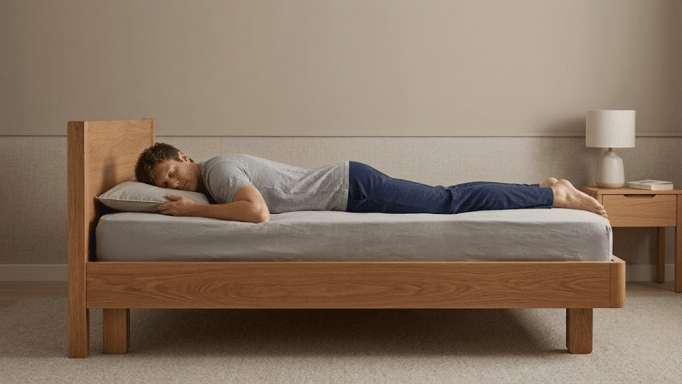 side view of a man in pajamas sleeping on his stomach with a thin pillow in a neutral room