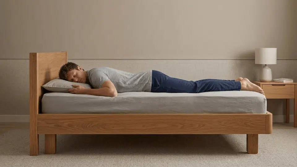 side view of a man in pajamas sleeping on his stomach with a thin pillow in a neutral room