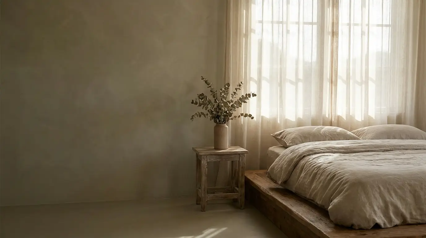 Minimalist bedroom with wooden platform bed, neutral bedding, and vase on rustic nightstand in soft light