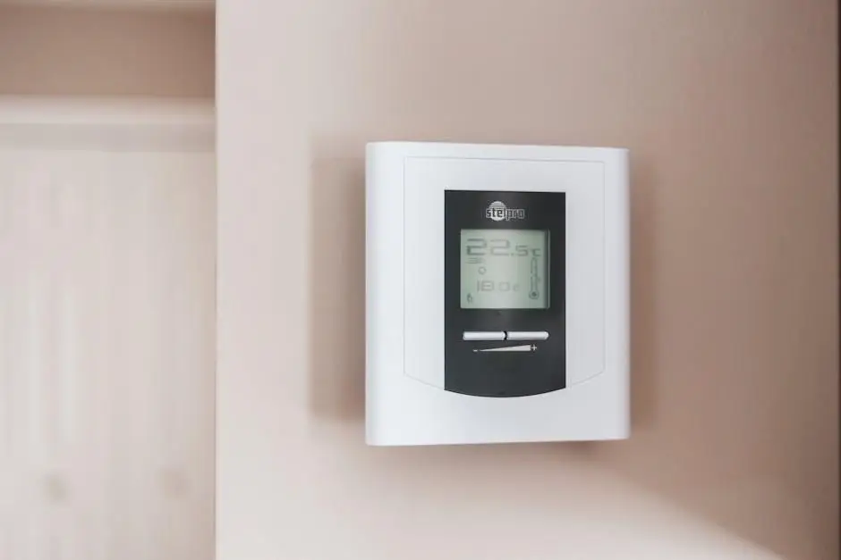 Digital thermostat on beige wall in a well-lit room