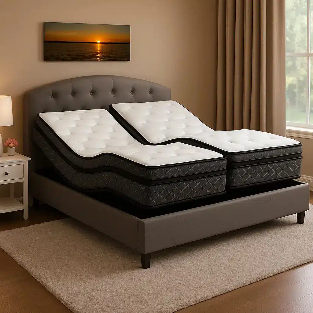 Adjustable bed with split mattress in cozy bedroom setting with beige walls and curtains