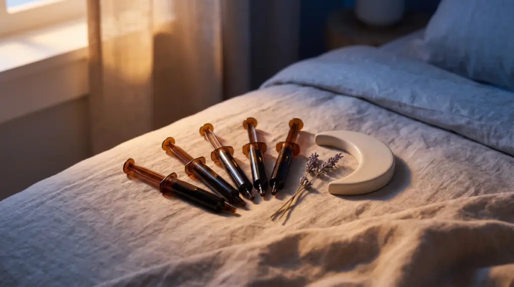 Amber vials and lavender sprigs on soft linen bedding in warm ambient lighting