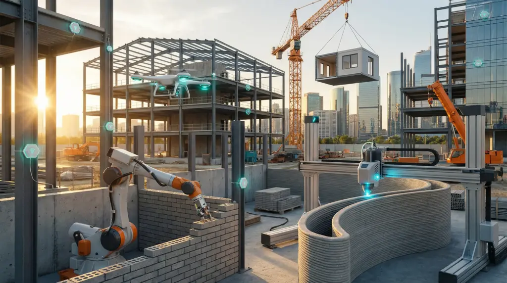 Robotic arms and drones constructing building in urban construction site with cranes and scaffolding