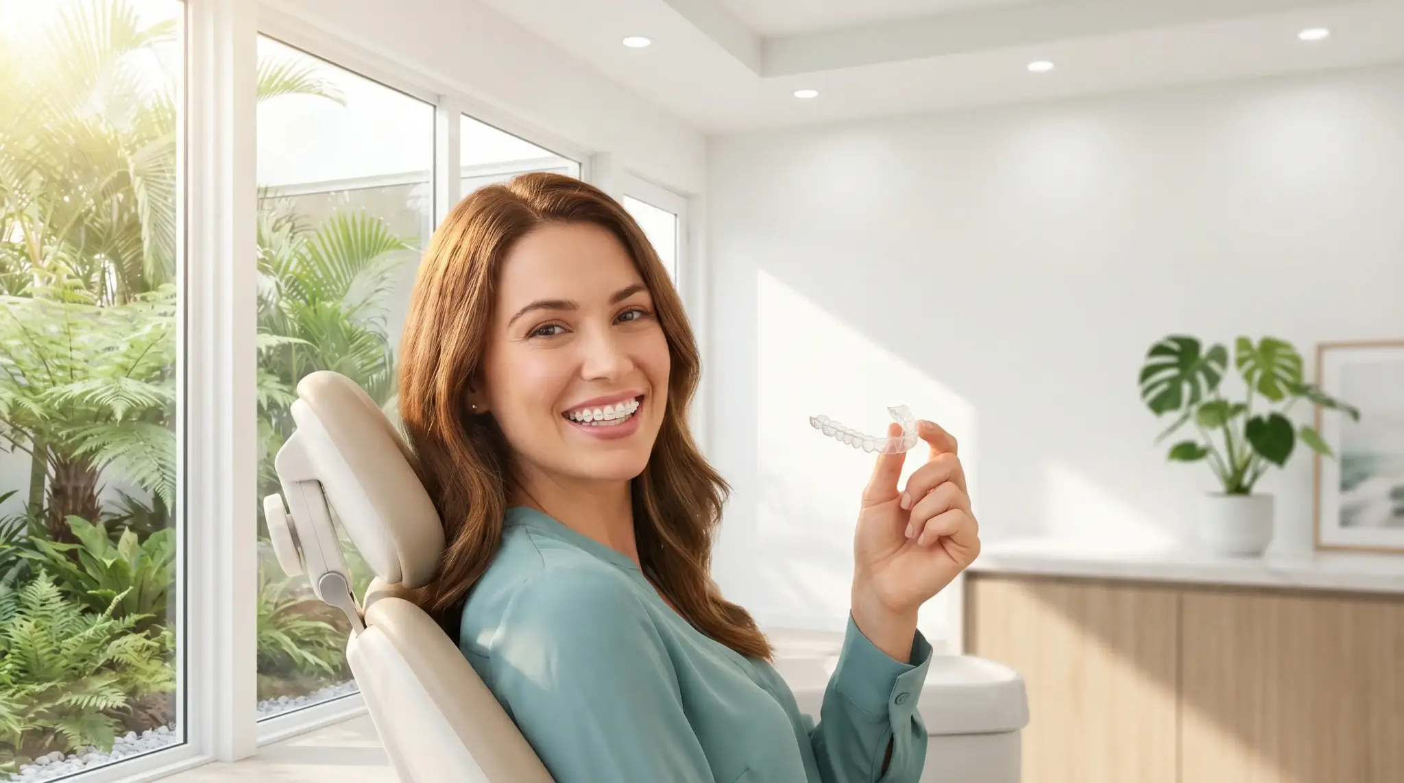 Smiling woman holding clear aligner in bright dental office with greenery outside