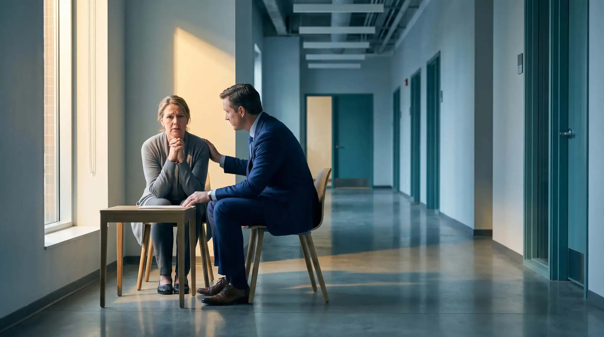 Man in a blue suit consoling a woman in a sunlit hallway